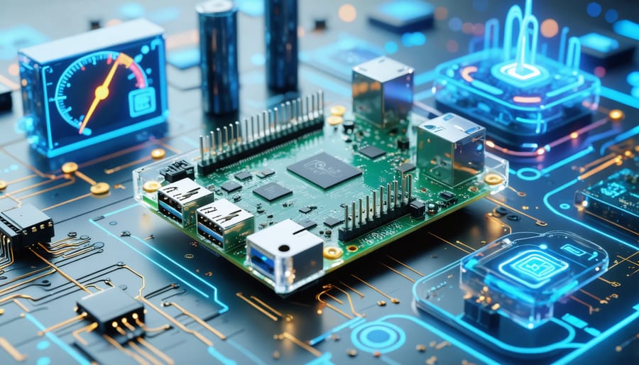 Conceptual illustration of a Raspberry Pi with digital elements representing energy efficiency and power management in embedded systems.