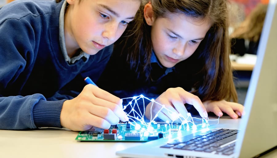 Students creating a weather monitoring system with LEDs and single-board computer