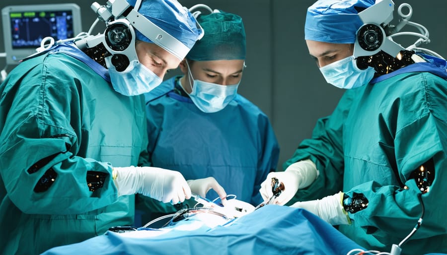 Medical team operating a robotic surgical system during a procedure