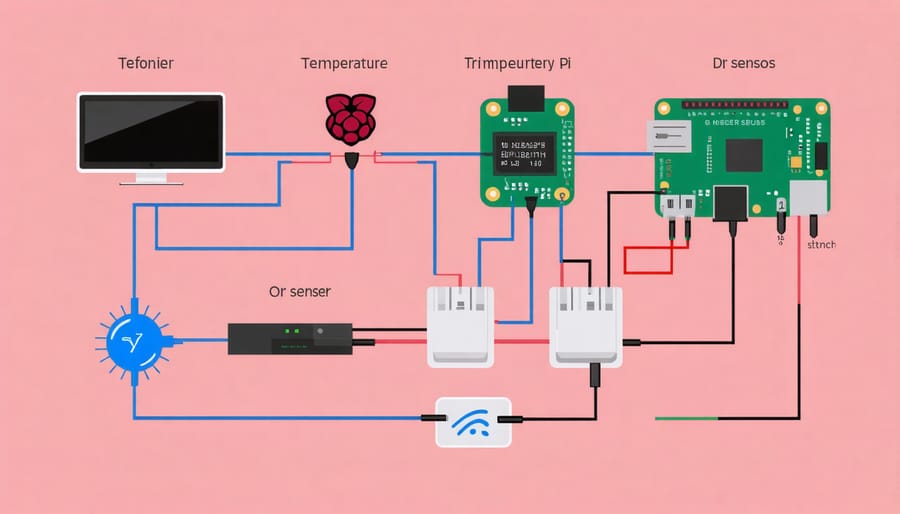 Technical diagram illustrating temperature sensor placement and connections to Raspberry Pi for heat monitoring