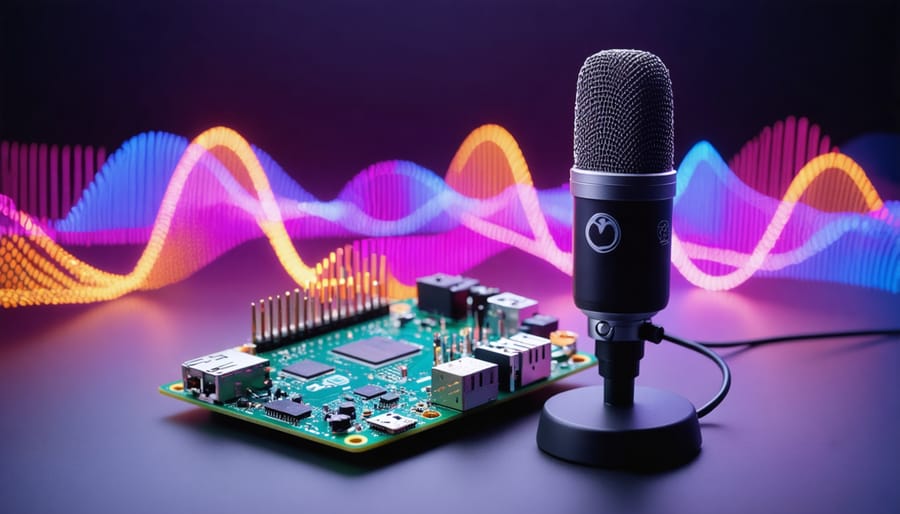 An imaginative depiction of a voice interface setup using a Raspberry Pi and microphone, surrounded by vibrant abstract soundwaves and icons representing various emotions.
