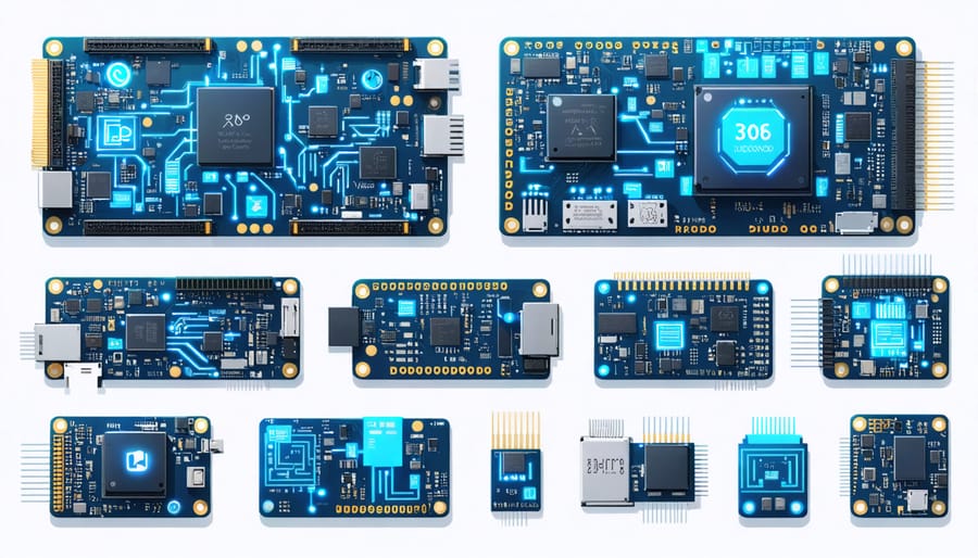 A visually engaging illustration showcasing various x86 single board computers, complemented by AI development symbols and digital code fragments, emphasizing the compact and affordable nature of AI development with x86 architecture.