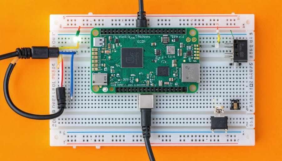 Raspberry Pi connected to LED, resistors, and buttons on a breadboard with jumper wires