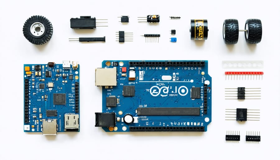 Diagram illustrating the assembly process of an Arduino robot, highlighting the main components like the Arduino board, motors, wheels, and sensors crucial for building a functional robotics project.