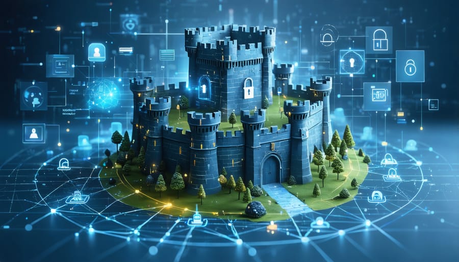 Conceptual illustration of a fortified digital structure with layered security elements including locks, encryption symbols, and network protection layers, representing the robust security measures for protecting Virtual Desktop Infrastructure.