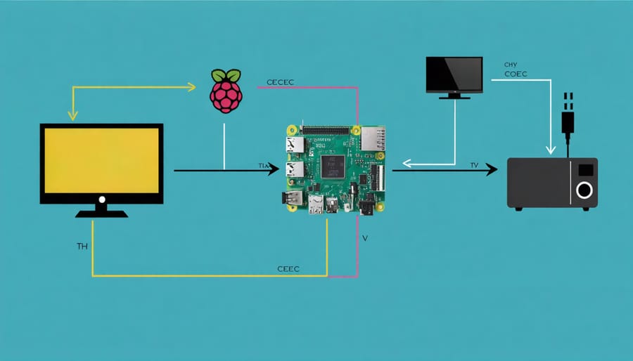 Illustration of CEC signal flow between Raspberry Pi and connected home entertainment devices
