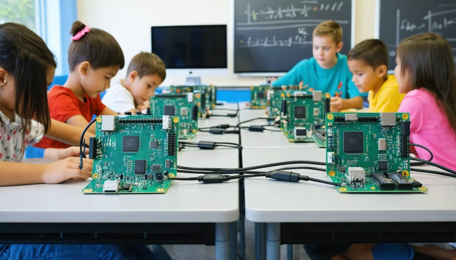 Students collaborating on music projects using networked Raspberry Pi workstations