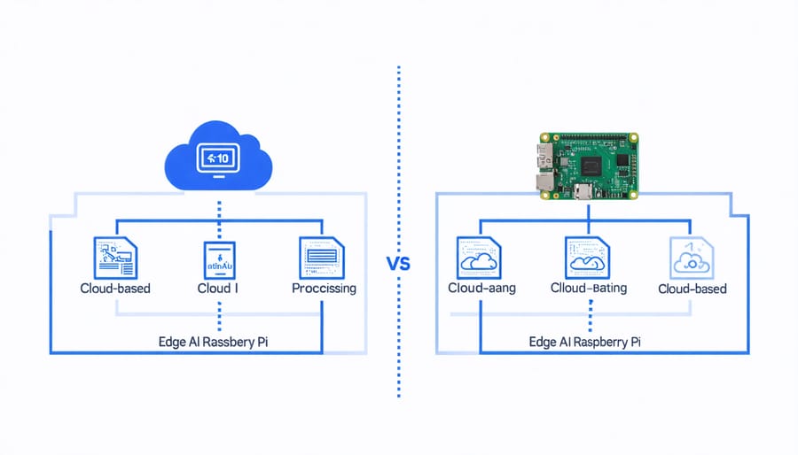 Infographic showing comparison between cloud AI and Edge AI processing paths on Raspberry Pi