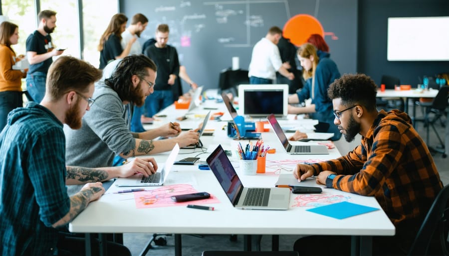 Diverse group of participants collaborating at a hackathon, surrounded by laptops and electronics, showcasing teamwork and innovation.