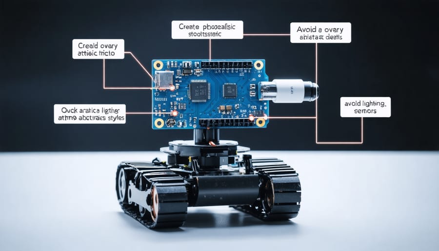 Fully assembled Arduino robot with annotations showing key parts