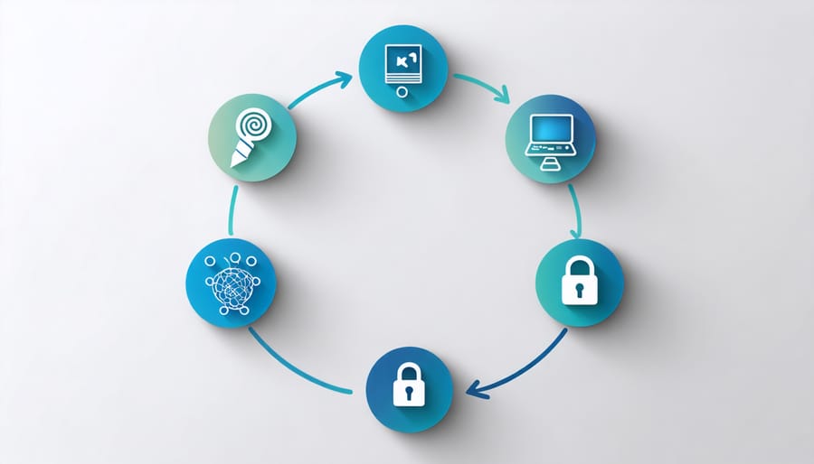 Conceptual diagram illustrating the five phases of data lifecycle management with icons for creation, storage, usage, archival, and disposal connected by arrows, incorporating a Raspberry Pi logo.