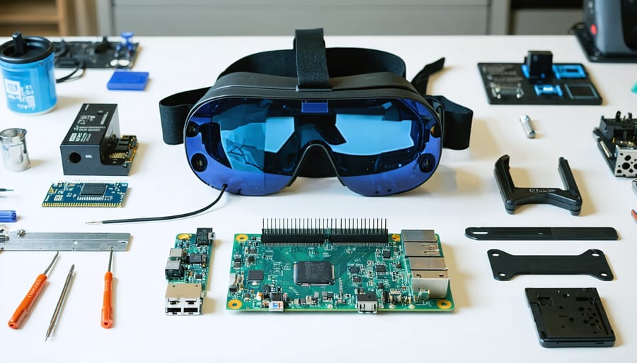Components of a DIY VR headset including Raspberry Pi, dual LCD displays, motion sensors, and 3D-printed parts neatly arranged on a workbench in a tech-focused setting.