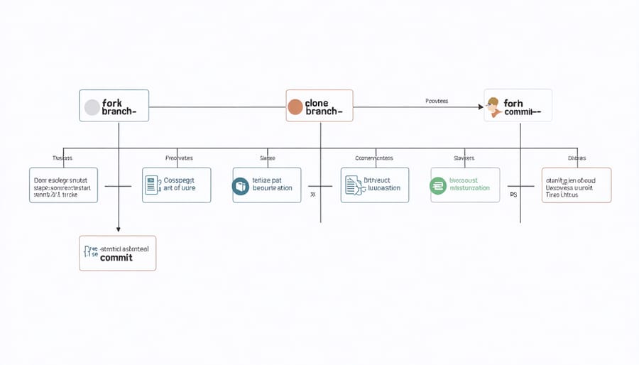 Step-by-step workflow diagram of Git contribution process showing fork, clone, branch, and commit stages
