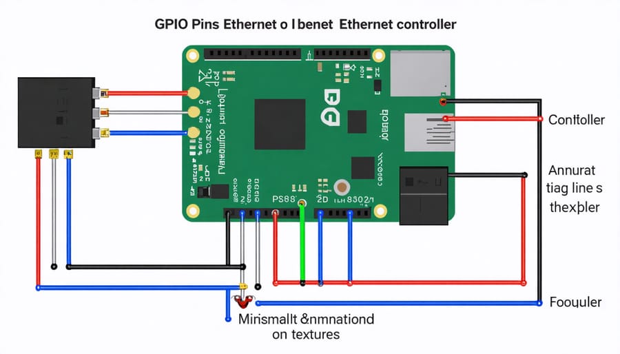 Technical diagram illustrating GPIO pin layout and Ethernet controller connections on Raspberry Pi