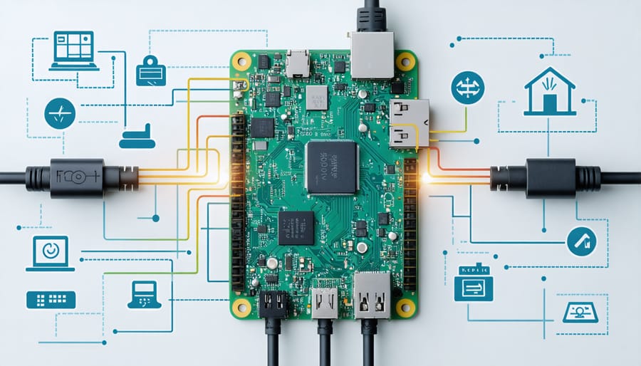"Conceptual illustration of a Raspberry Pi with enhanced GPIO connections to network cables, symbolizing its transformation into an IoT hub for automation and control systems."