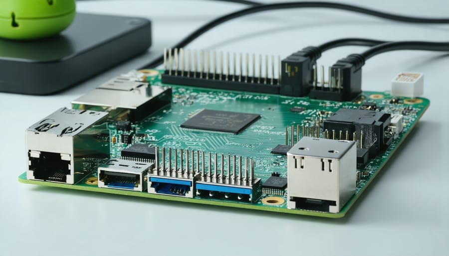 Raspberry Pi board with connected GPIO components and network cable