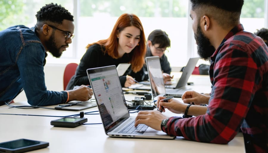 Team of developers collaborating at a hackathon, working with computers and electronic components