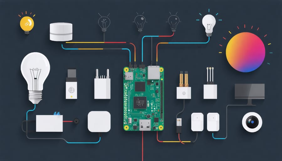 Home automation setup showing Raspberry Pi 4 as central hub controlling multiple smart devices
