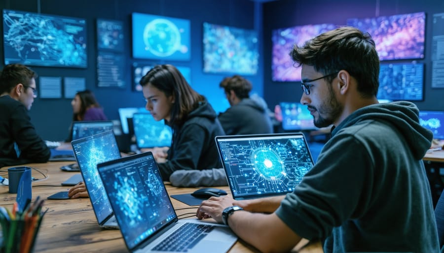 A diverse group of developers collaborating at a quantum computing hackathon, with laptops displaying quantum circuit diagrams and an environment that reflects innovation.