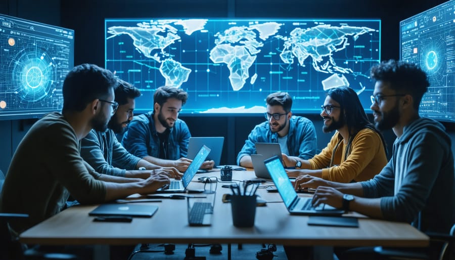 Teams of developers working together at a quantum computing hackathon event