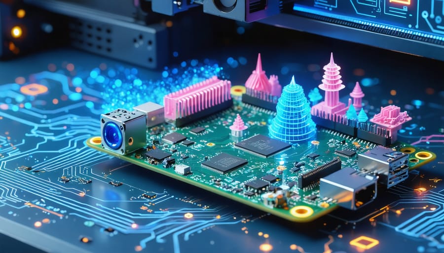 A digital representation of a Raspberry Pi connected to a 3D printer with XYZ software, visualizing the transition of digital models into printed objects, surrounded by abstract circuit patterns.
