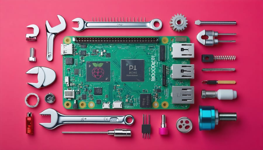 Conceptual illustration of a Raspberry Pi board turning into a toolkit with digital tools emerging from it, symbolizing the transformative power of the Pi Software Development Kit for enhancing Raspberry Pi projects.