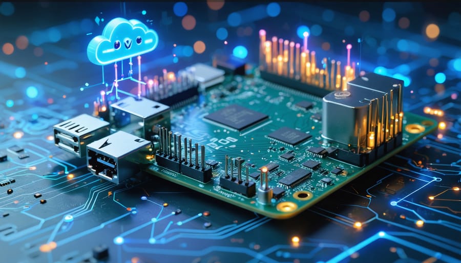 A digital illustration of a Raspberry Pi integrated with visual elements of artificial intelligence and neural network graphics, symbolizing its capability to run edge AI models independently of cloud services.