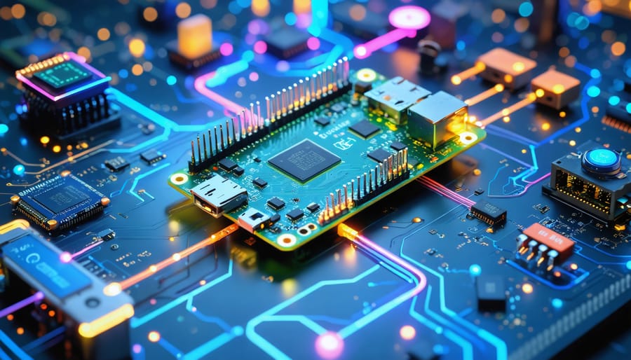 A conceptual illustration of a Raspberry Pi at the center connected through dynamic lines to various digital icons including GPIO, I2C, SPI, and UART, symbolizing a network of sensors, motors, and displays.