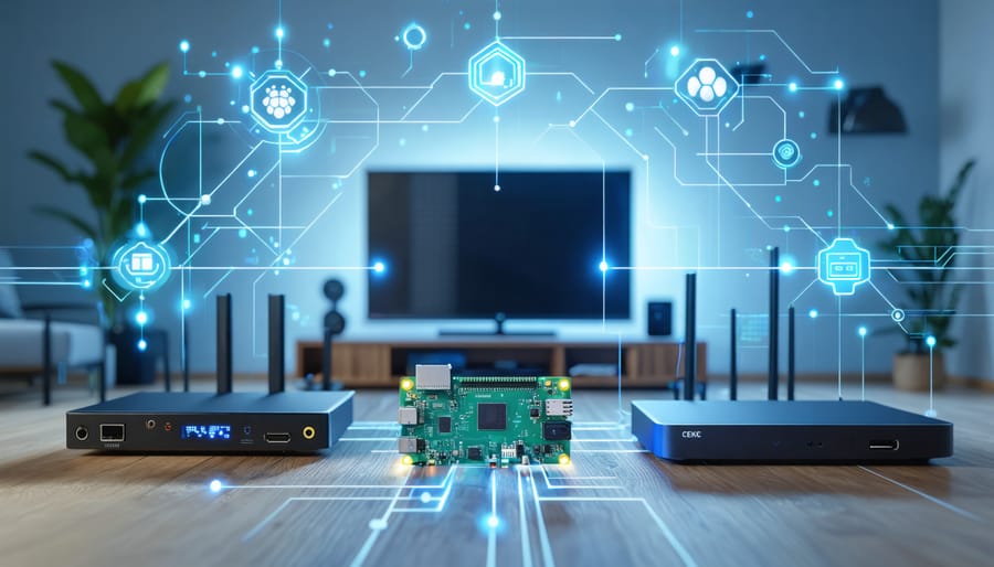 Conceptual illustration showing a Raspberry Pi connected to home theater devices like a TV, receiver, and game console via HDMI cables, demonstrating CEC communication and control through a single remote.