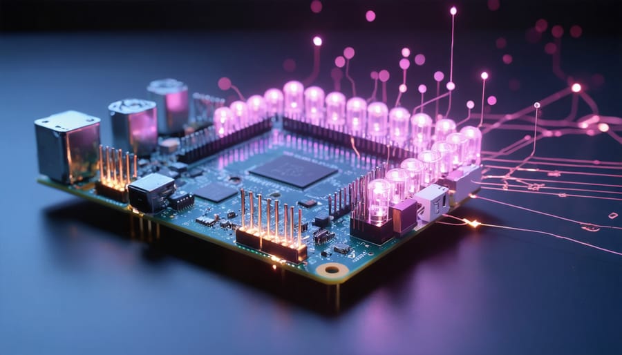Illustration of a Raspberry Pi linked with infrared sensors, showcasing their use in smart home automation and security, against a dark, futuristic background.
