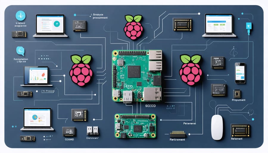 Diagram illustrating the IT lifecycle management stages for Raspberry Pi projects, showcasing devices, storage solutions, monitoring tools, and security protocols in a structured layout.