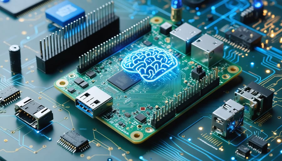 A conceptual illustration of a Raspberry Pi surrounded by symbols representing machine learning and IoT elements, including neural networks, USB accelerators, and cooling systems, highlighting the device's transformation into a powerful ML engine.