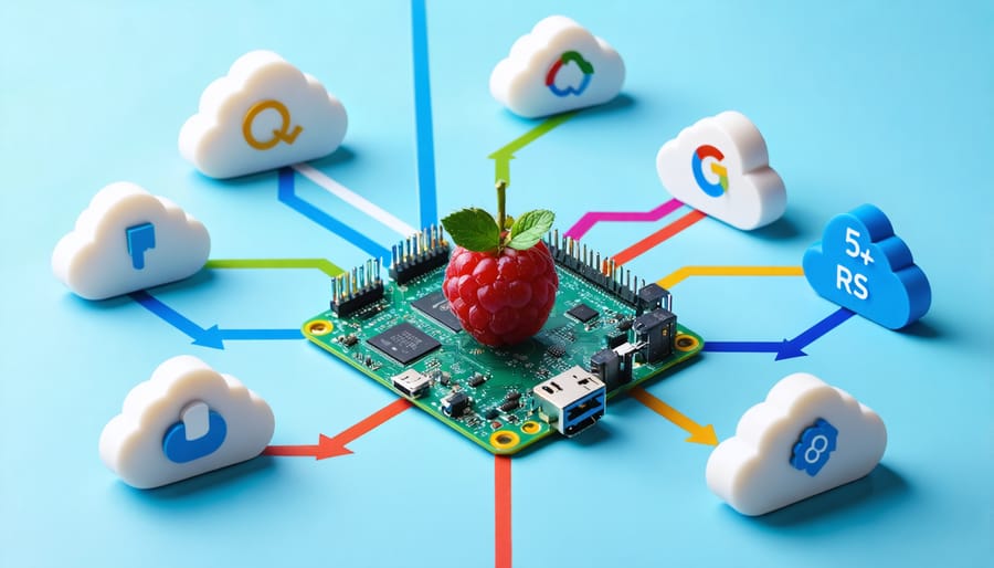 Illustration of a Raspberry Pi connected to major cloud platforms using vibrant arrows, representing the 5 Rs migration strategy for cloud integration, with a technological background of data streams and network grids.