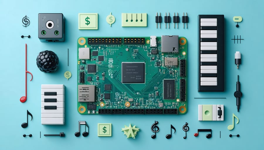 Conceptual image of a Raspberry Pi at the center surrounded by digital audio signals, MIDI controllers, synthesizers, and musical notes, symbolizing its use as a music creation hub.