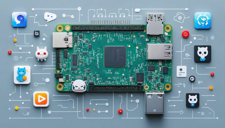 Conceptual image of a Raspberry Pi board with highlighted components, surrounded by icons like GitHub's logo and digital symbols exemplifying open source contribution and collaboration, depicting the journey from individual contribution to global community impact.