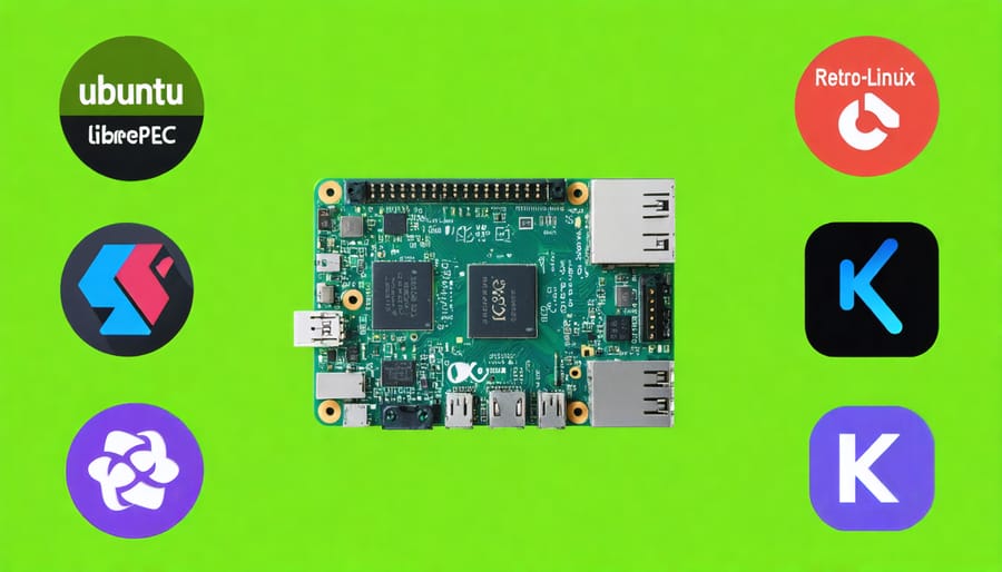 Illustration of a Raspberry Pi board surrounded by logos of various operating systems like Ubuntu MATE, LibreELEC, RetroPie, and Kali Linux, highlighting the versatility and power of alternative OS options.