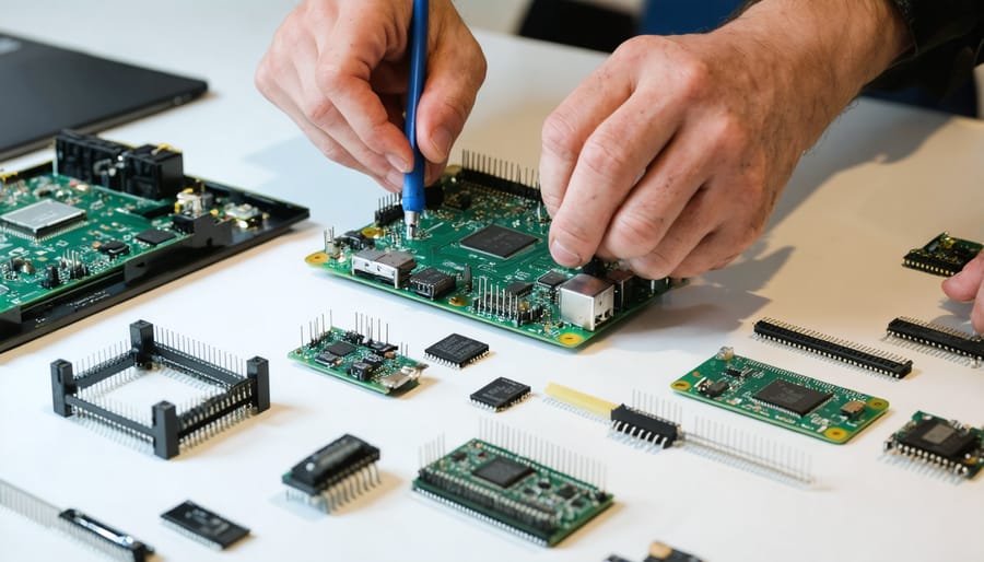Developer assembling a Raspberry Pi project with various electronic components and tools