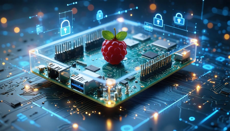 A conceptual illustration of a Raspberry Pi encased in a digital shield, with cryptographic symbols and lock icons, representing secure boot protection.
