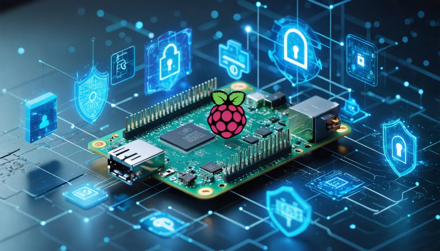Conceptual illustration of a Raspberry Pi secured with digital shields and locks, symbolizing multiple layers of security measures like encrypted communication and secure boot systems.