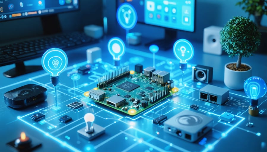 Artistic depiction of a Raspberry Pi 4 as the focal point in a smart home setup, showing its connections to virtual smart devices like lights and sensors.