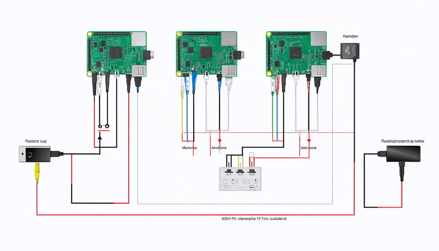 Detailed wiring schematic for multiple Raspberry Pi power connections and cable management