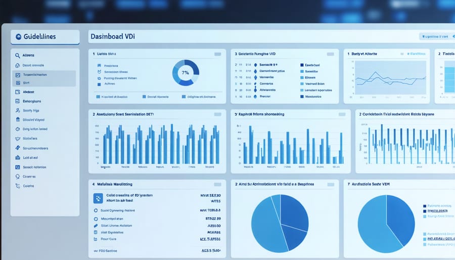 Security monitoring dashboard displaying VDI system health and security status