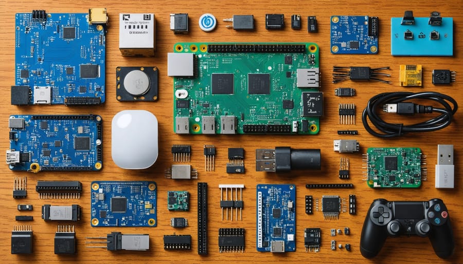 Organized layout of VR headset components including Raspberry Pi board, display panel, motion sensors, and input controllers