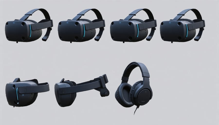 Sequential images showing VR headset assembly process from 3D printed parts to completed unit