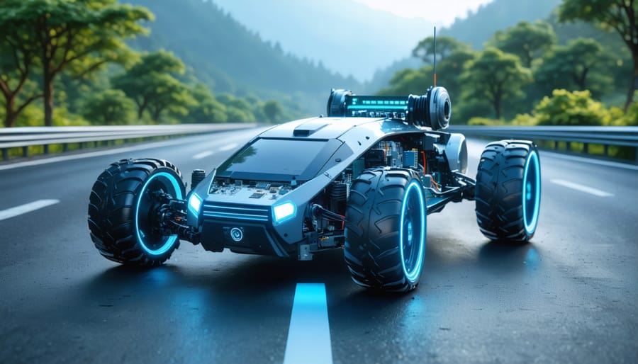 An illustration of an RC car enhanced with Raspberry Pi, displaying camera, sensors, and other components, navigating a futuristic path using AI and robotics.
