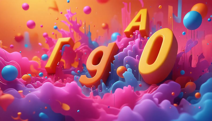 Dynamic text animation with letters flowing across the screen in various sizes and colors