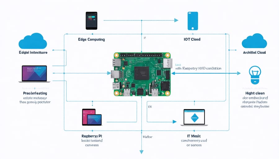 Edge computing architecture diagram with Raspberry Pi, sensors, and cloud connectivity
