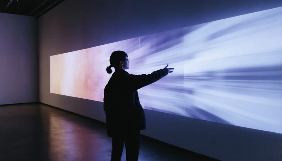 Person moving in front of large projection screen with dynamic visual effects responding to their movements