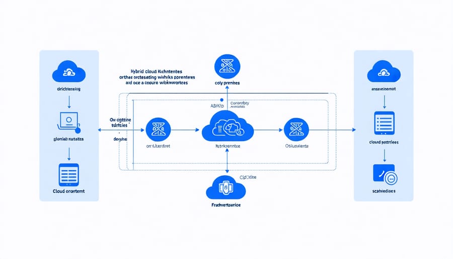 Architectural diagram of Kubernetes managing containerized applications in a hybrid cloud setup