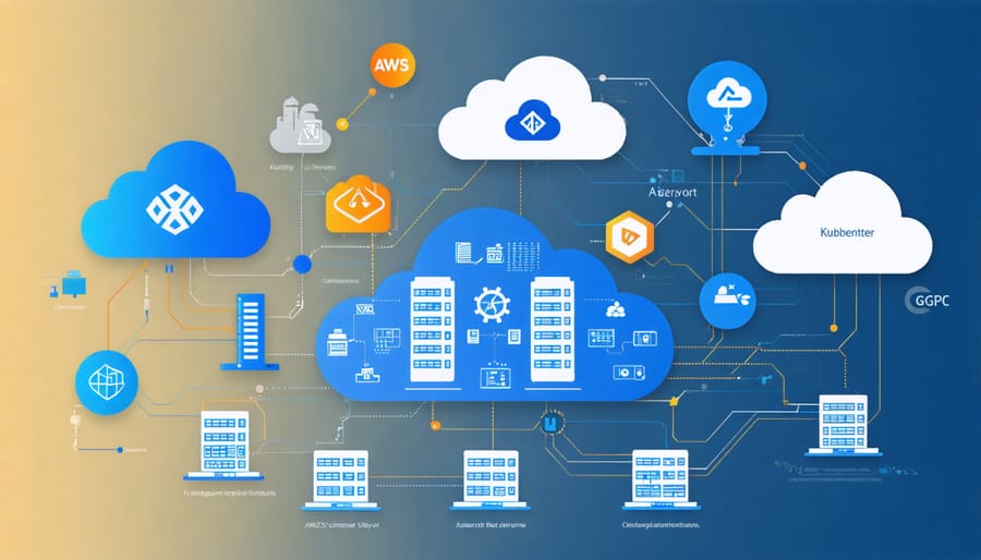 Conceptual illustration of Kubernetes orchestrating workloads across a hybrid cloud environment, connecting public cloud services and on-premises data centers.